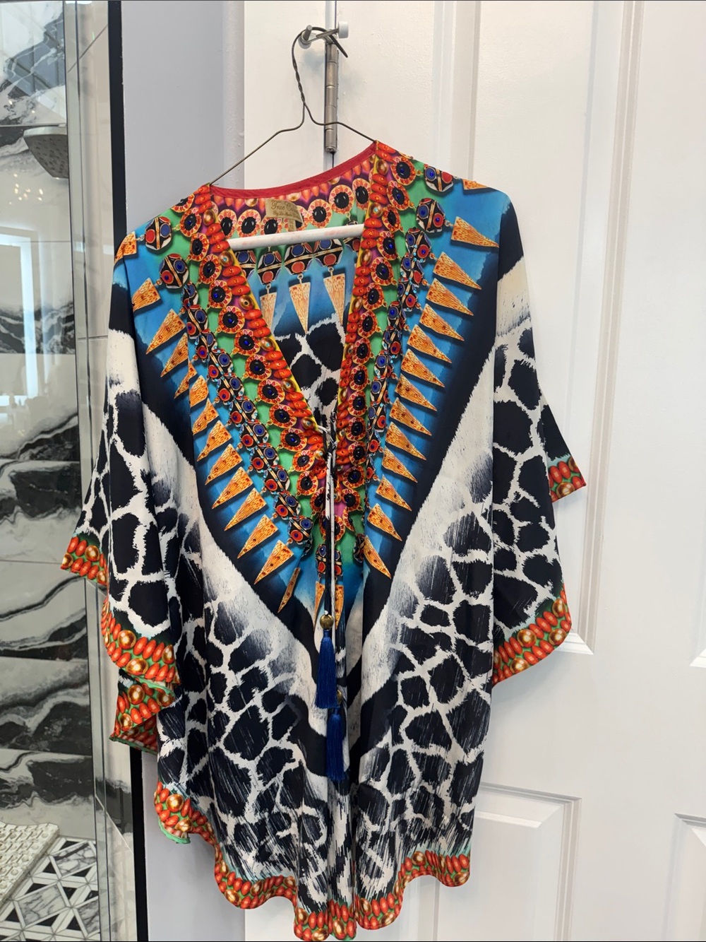 Blue & Black Printed V-Neck Tunic with Tassel Trim